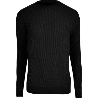 Black textured knit slim fit jumper